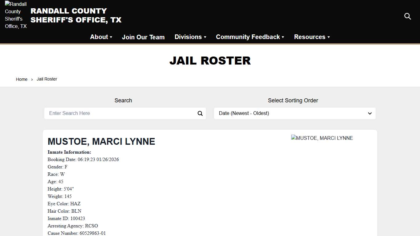 Jail Roster Randall County Sheriff's Office, TX